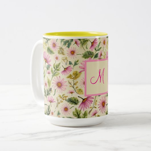 Elegante Frühlingsblumen mit Monogramm Zweifarbige Tasse (Vorderseite Links)