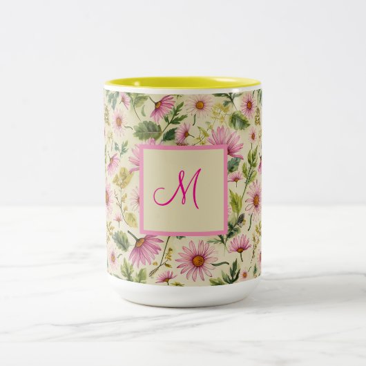 Elegante Frühlingsblumen mit Monogramm Zweifarbige Tasse (Mittel)