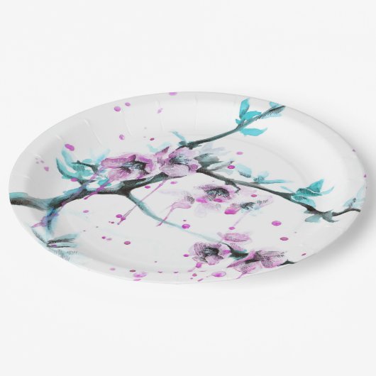 Elegante Frühlingsblüte Rosa Blütenfarbe Pappteller (Schrägansicht)