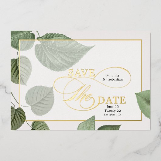 Elegante Frühlingserlebnisse Save the Date Blätter Folieneinladung (Vorderseite)