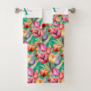 Elegante Frühlingsfarben Tulpen Handtuch-Set Badhandtuch Set