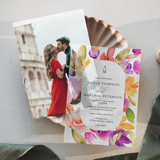 Elegante Frühlingskühne Wasserfarbenhochzeit Pergament Einladungen