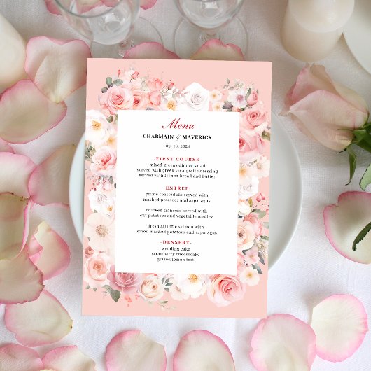 Elegante Frühlingszeit Rose Blush Pink Frame Weddi Menükarte