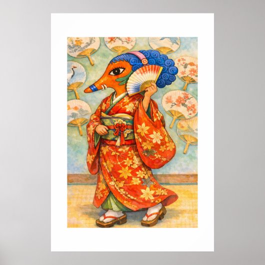 Elegante Fuchs-Dame im Kimono mit Fächer Poster (Vorne)