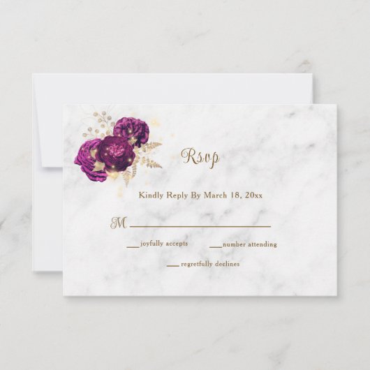 Elegante Fuchsia Floral Gold Marmorhochzeit RSVP Karte (Vorderseite)