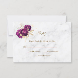 Elegante Fuchsia Floral Gold Marmorhochzeit RSVP Karte