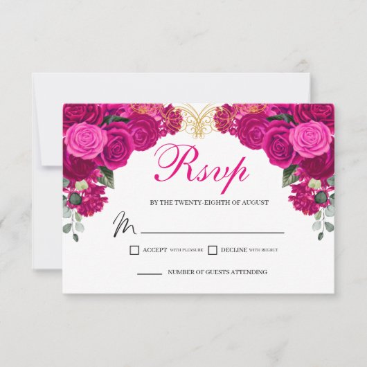 Elegante Fuchsia Gold Floral UAWG Enclosure Card RSVP Karte (Vorderseite)