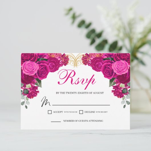 Elegante Fuchsia Gold Floral UAWG Enclosure Card RSVP Karte (Stehend Vorderseite)