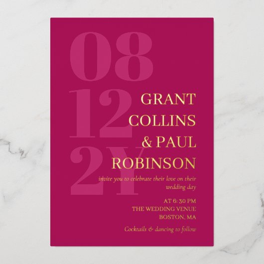 Elegante Fuchsia & Gold Typografie Folieneinladung (Vorderseite)