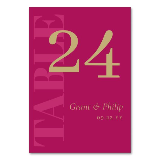 Elegante Fuchsia Pink & Gold Typografie Tischnummer (Vorderseite)