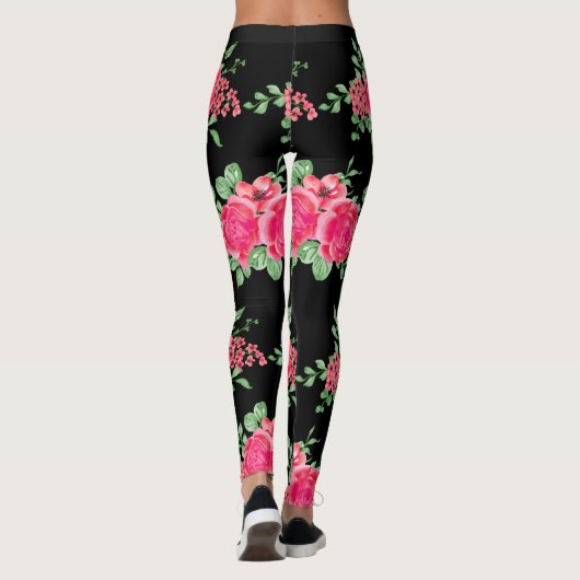Elegante Fuchsia Pink Rose Blume Black Leggings (Rückseite)