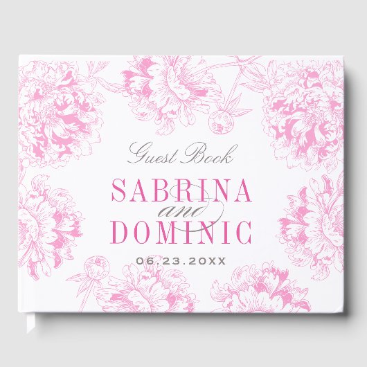 Elegante Fuchsia Pink und Gray Bloral Peony Weddin Gästebuch (Vorderseite)