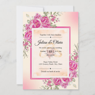 Elegante Fuchsia-Rosa-Rosen-Blumen-Hochzeit Einladung