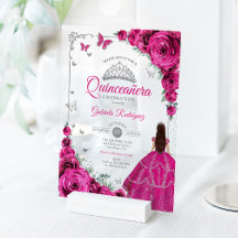 Elegante Fuchsia-Rosa-Rosen Silber Quinceanera 