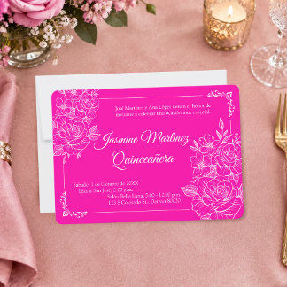 Elegante Fuchsia-Rosa und Weiße Florale Quinceañer Einladung