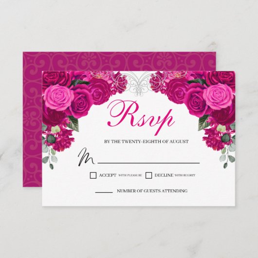 Elegante Fuchsia Silver Floral UAWG Enclosure Card RSVP Karte (Vorne/Hinten)