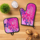 Elegante Fuchsia und dunkelblaue Limelight Hydrang Ofenhandschuh & Topflappen-Set (Oben Unten)
