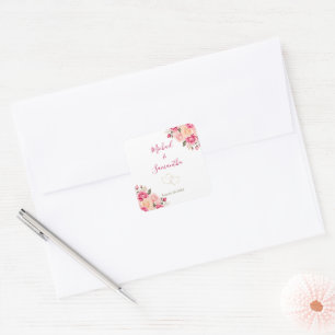 Elegante Fuchsiapink- und Elfenbeinrosen-Hochzeit Quadratischer Aufkleber