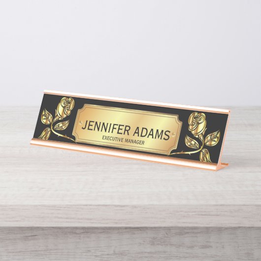 Elegante Führungskraft Manager Gold Rose Blume Schreibtischnamensplakette (Vorderseite )