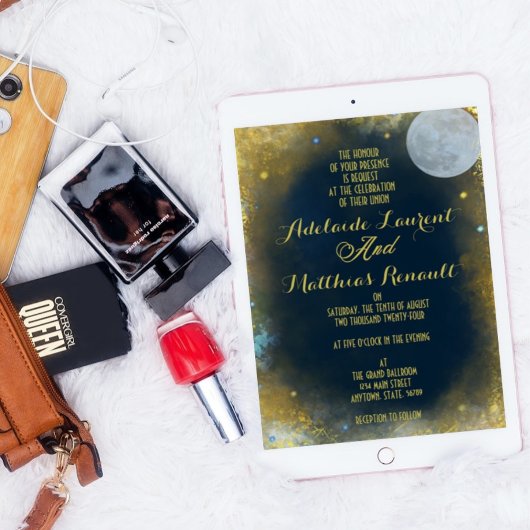 Elegante Full Moon Celestial Wedding: Blue & Gold Einladung