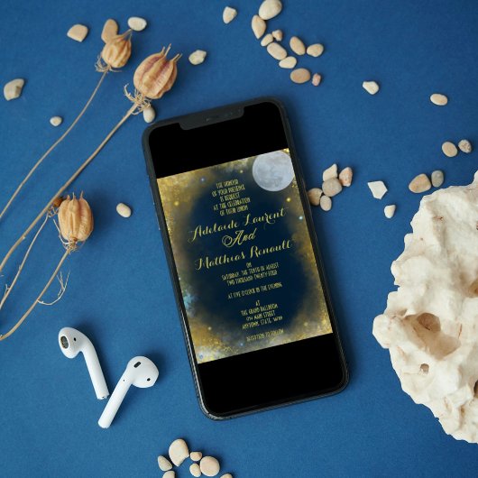 Elegante Full Moon Celestial Wedding: Blue & Gold Einladung