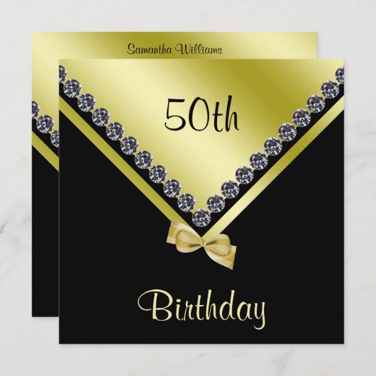 Elegante Funkelnd Diamonds & Gold Bow 50. Geburtst Einladung (Vorne/Hinten)