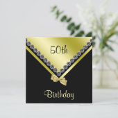 Elegante Funkelnd Diamonds & Gold Bow 50. Geburtst Einladung (Stehend Vorderseite)