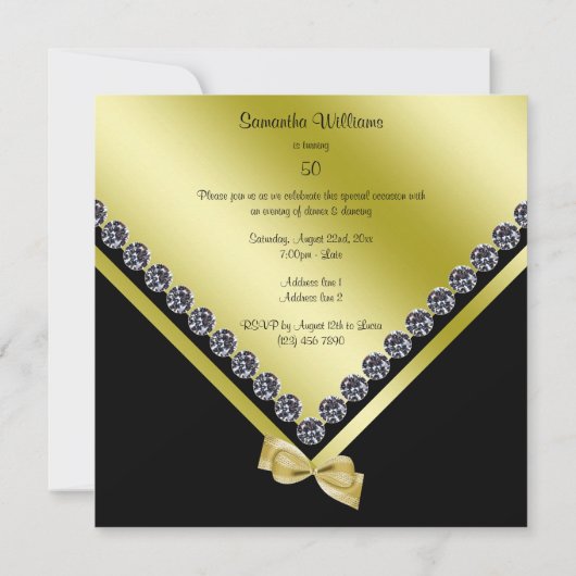 Elegante Funkelnd Diamonds & Gold Bow 50. Geburtst Einladung (Rückseite)