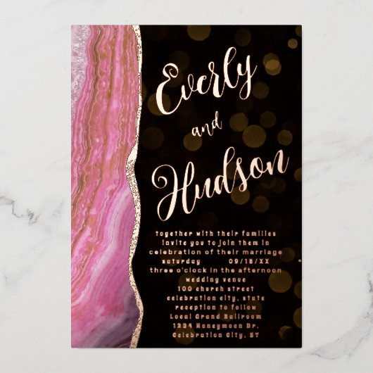Elegante Galaxy Agate Geode Pink & Gold Wedding Fo Folieneinladung (Vorderseite)