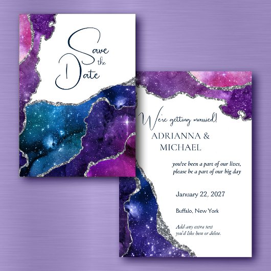 Elegante Galaxy Agate Silver Wedding Save the Date Einladung