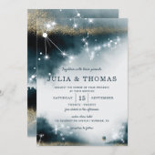 Elegante Galaxy Blue Gold Stars Hochzeit Einladung (Vorne/Hinten)