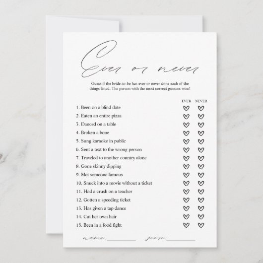 Elegante Games-Card für Ever oder Niemals Brautpar Einladung (Vorderseite)