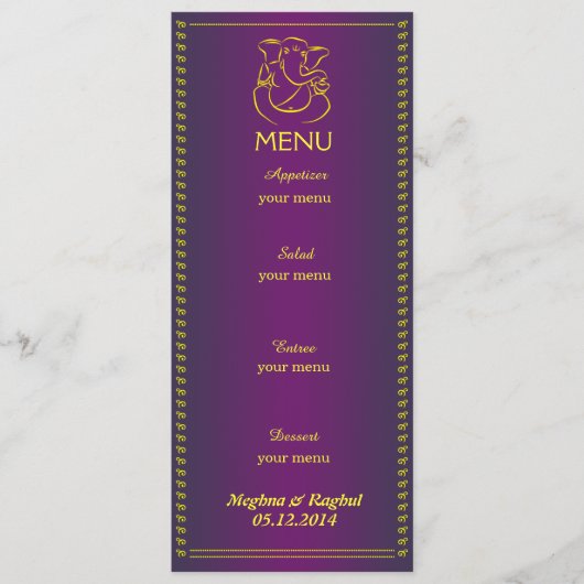 Elegante Ganesh | indische Hochzeits-lila Menükarte (Vorderseite)
