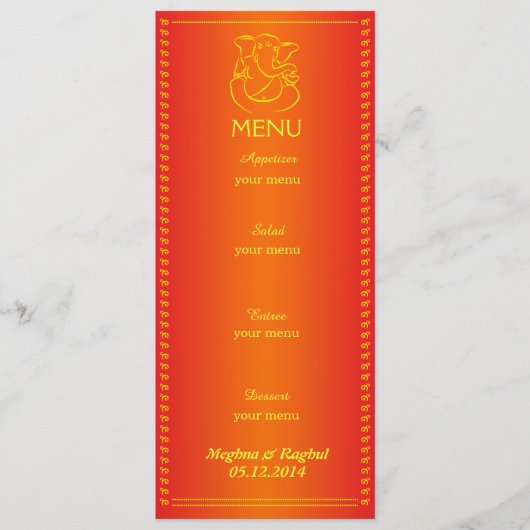 Elegante Ganesh | indische Hochzeits-orange Menükarte (Vorderseite)