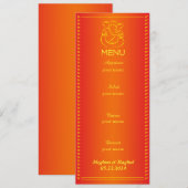 Elegante Ganesh | indische Hochzeits-orange Menükarte (Vorne/Hinten)