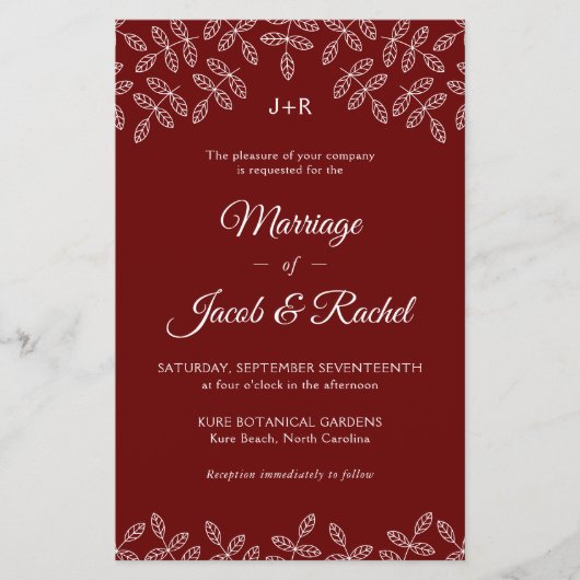 Elegante Garden Blätter Dark Red Wedding Einladung (Vorderseite)