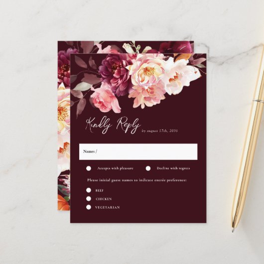 Elegante Garden Floral Burgundy Wedding RSVP Cards (Vorderseite/Rückseite Beispiel)