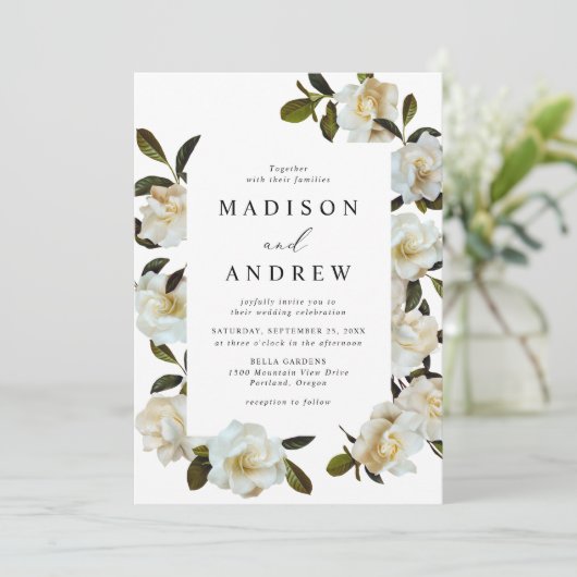 Elegante Gardenia Floral Wedding Einladung (Stehend Vorderseite)