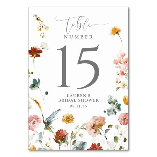 Elegante Gartenblumen Brautparty-Tischnummer Tischnummer (Vorderseite)