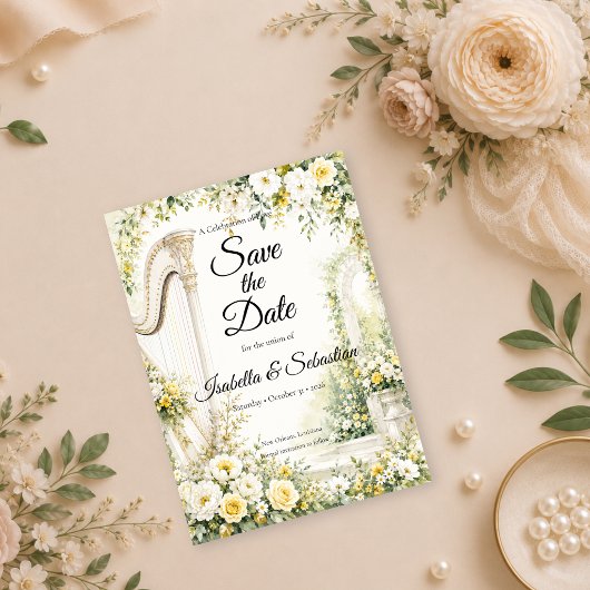 Elegante Gartenharfe Romantik-Hochzeit Save The Date