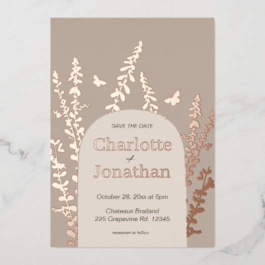 Elegante Gartenhochzeiten und Blätter mit Schmette Folieneinladung (Vorderseite)