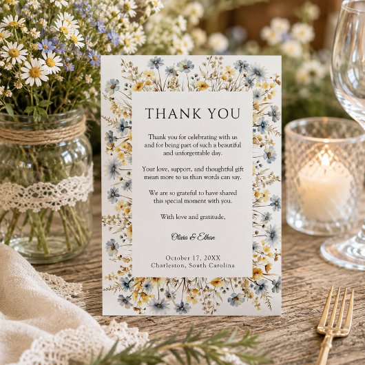 Elegante Gartenwildblumen Hochzeit Danke