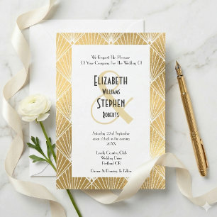 Elegante Gatsby Art Deco Weiße & Goldene Hochzeit Einladung