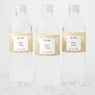 Elegante Gatsby Art Deco Weiße & Goldene Hochzeit Wasserflaschenetikett