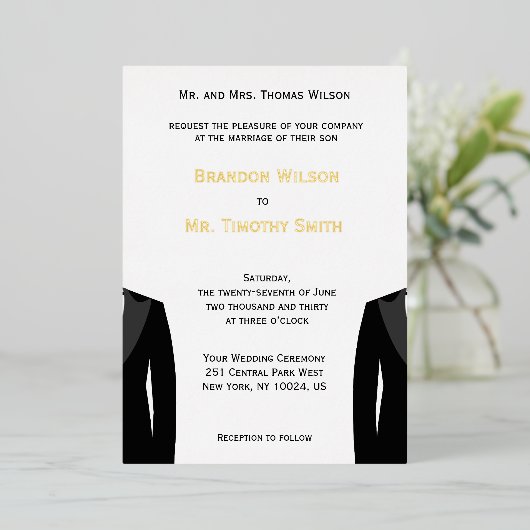 Elegante Gay Wedding Real Gold Foil Folieneinladung (Stehend vorne)