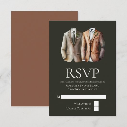 Elegante Gay Wedding Two Grooms in Anzügen RSVP Ca Karte (Vorne/Hinten)