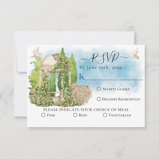 Elegante Gazebo-Blume, taubt Summer Wedding RSVP Karte (Vorderseite)