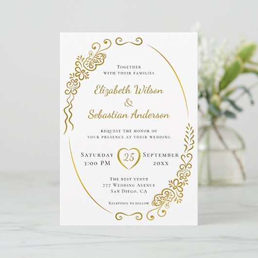 Elegante, Geblüht goldfarbene Hochzeit Einladung (Stehend Vorderseite)