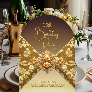 Elegante Geburtstags-Dunkel-Beige-Gold-Jewel-Stoff Einladung