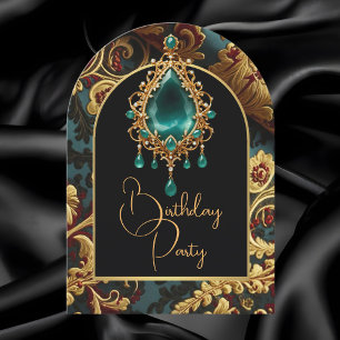 Elegante Geburtstags-Jade-Rot-Gold-Juwelen-Party Einladung